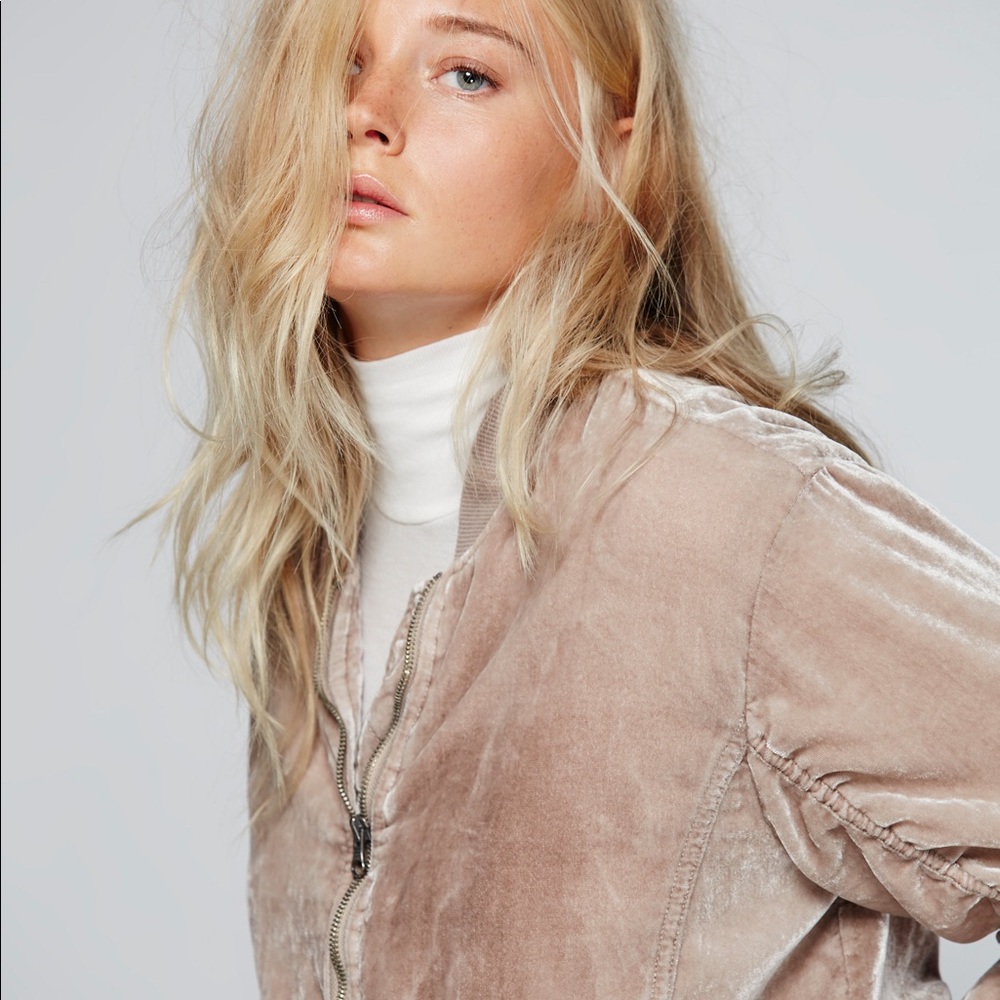 Free People Ruched Crushed Velvet Bomber Jacket